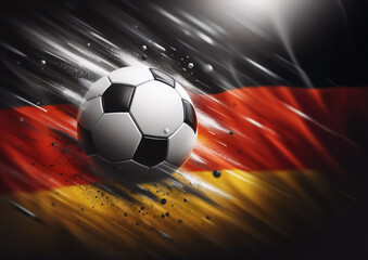 Fußball mit Bewegungsstreifen auf einer Deutschlandflagge, copy space, 2024