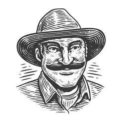 Happy farmer in hat. Portrait of an elderly farm worker. Hand drawn sketch vector drawing