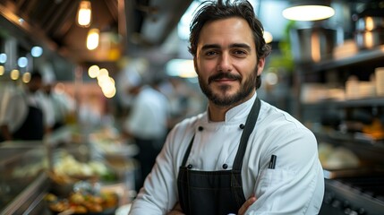 Obraz premium Confident chef busy on restaurant kitchen, chef shirt black apron crossed arms in busy restaurant kitchen