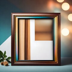 A contemporary digital photo frame mockup displaying a slideshow on a polished solid-colored background