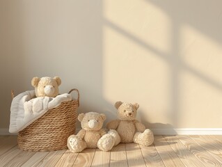 Three adorable teddy bears with different sizes sitting on a wooden floor in a nursery with sunlight