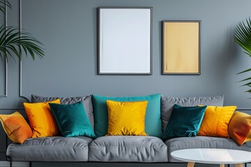 Modern interior design with grey couch, colorful pillows, and framed wall art adds a vibrant touch to the living space