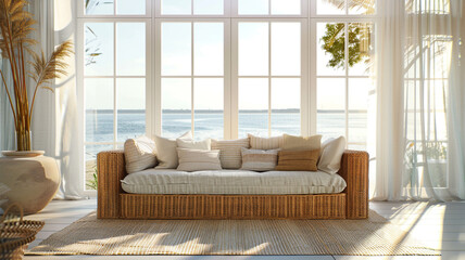 Rattan sofa in the living room with a sea view background