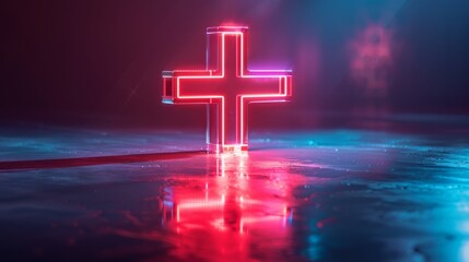 Fototapeta premium The red glowing cross in the center of the image is the focal point of this abstract Christian-themed image.