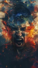 Painting of a man with a face full of fire and smoke. Vertical background 