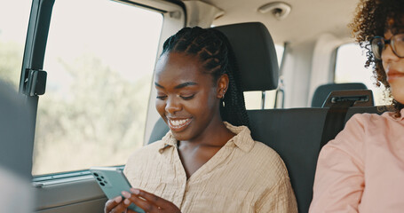 Road trip, woman and texting on vacation in car, smartphone and online communication or chat. Black...