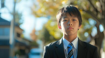 Young Japanese teenager wearing a suit and a tie looking at the camer.
