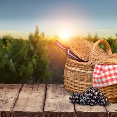 Glass and bottle of wine for picnic outdoor