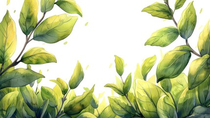 Delicate watercolor of fresh bay leaves, bright and lifelike, on a clean white background with space for text.