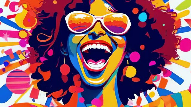happy woman screaming smiling in joy extasy rainbow colorful comix cartoon iretro illustration animation advertisement style - 4K stock Video footage AI