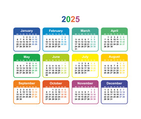 Calendar grid 2025 colorful vector Simple layout of pocket or wall calendar on white