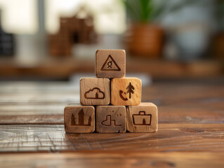 imagen compuesta por cubos de madera formando una pirámide con iconos grabados con simbologia de...