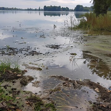 A detailed photograph of a dirty lake bottom, showcasing the murky water filled with muck and various debris