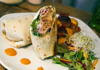 Vegan chicken with vegetables wrap