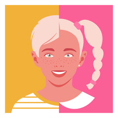 Portrait of happy boy and girl. Avatar of smiling non-binary children. Gender socialization. LGBTQIA. Vector flat illustration