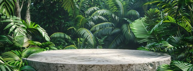 Stone round podium with tropical jungle background.