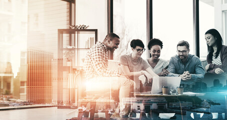 Overlay, meeting and cityscape with team in office for business with laptop for brainstorm with email. Discussion, planning and company success with strategy for election campaign in America.