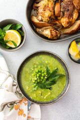 Creamy broccoli and green pea soup with mint, baked chicken with pears and thyme, delicious healthy lunch