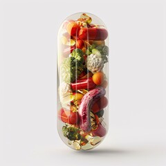Transparent medicine capsule filled with an assortment of nutritious food