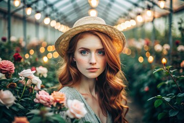 Portrait of a beautiful woman gardener with red hair in a straw hat working with roses in a glass greenhouse.