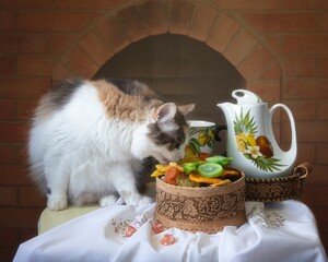 Still life with dry fruits and curious kitty