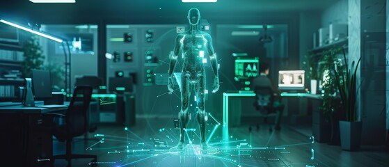AI health assistant avatar in hologram form, interactive, detailed office background, neon green accents,