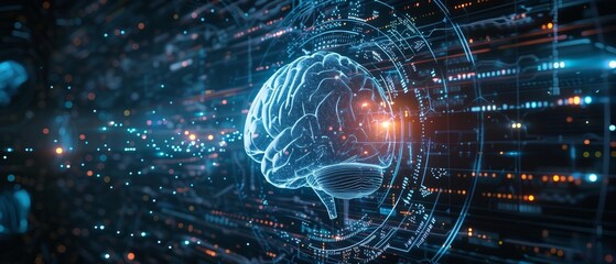 AI brain scan interface displaying neural activity, neon blue on dark, 3D digital art, hyperdetailed