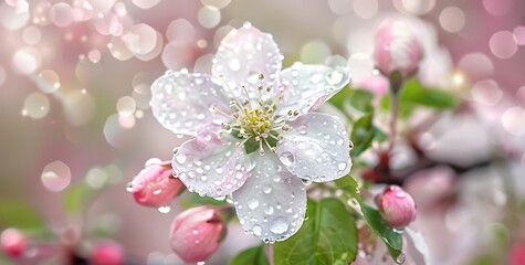 Apple blossom with dew drops on the petals, set against a blurred background of green leaves and pink buds, creating a serene and enchanting atmosphere that evokes tranquility and beauty