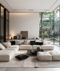 Modern style living room, cream white sofa combination, light gray floor tiles, simple background wall decoration, interior lighting, large glass window and bright atmosphere.