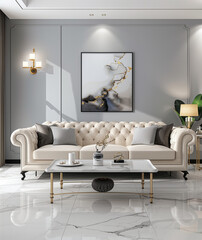 Modern style living room, cream white sofa combination, light gray floor tiles, simple background wall decoration, interior lighting, large glass window and bright atmosphere.