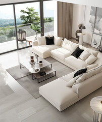 Modern style living room, cream white sofa combination, light gray floor tiles, simple background wall decoration, interior lighting, large glass window and bright atmosphere.
