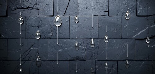 Raindrops suspended in time on the dark grey slate exterior of a modern home, the droplets...
