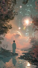 Fototapeta premium Concept art of a virtual consciousness existing in a dreamlike surrealism digital realm, showing ethereal landscapes and cybernetic enhancements