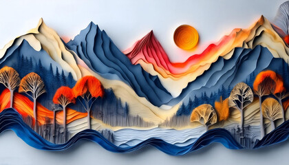 Paper cut landscape with mountains, forest, sunset. Generated AI