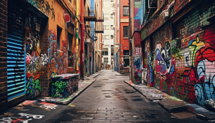 Fototapeta premium Narrow street in the city, full of colorful painted murals and graffiti.