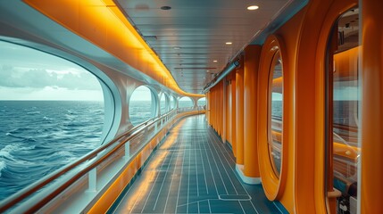 Fototapeta premium The wide aisle of the cruise ship with the seaside scenery.