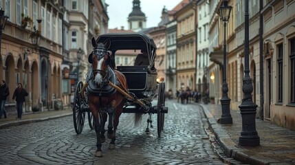 A horse-drawn carriage rides down a cobblestone street in a historic European city