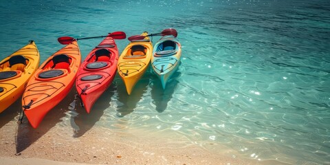 Four kayaks sit on the shore of a calm lake, awaiting their paddlers