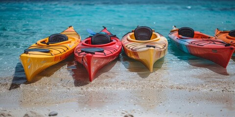 Four kayaks sit on the sandy shore of a tropical beach, awaiting their paddlers for an early...