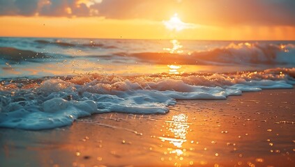 beach, sunset, waves, sea, beautiful scenery, golden light, orange sky, water droplets, sand, waves crashing, shore, outing, refreshing, coastal, ocean, horizon, tranquil, serene, nature, coastline, s