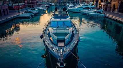 A sleek and stylish yacht is docked in a marina, surrounded by other luxury vessels