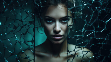 Woman looking through broken glass. Close up image. Calm woman face with opened eyes behind the texture of a broken glass