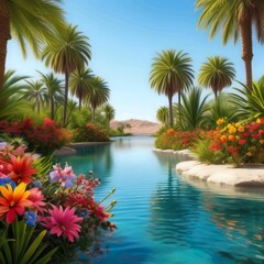 Nature bacground a peaceful desert oasis with clear blue water, lush green palm trees, and colorful flowers blooming around the water's edge