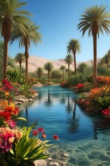 Nature bacground a peaceful desert oasis with clear blue water, lush green palm trees, and colorful flowers blooming around the water's edge
