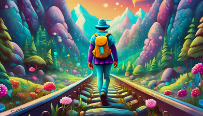 oil painting style Someone walking on a railroad track, people, woman, child,