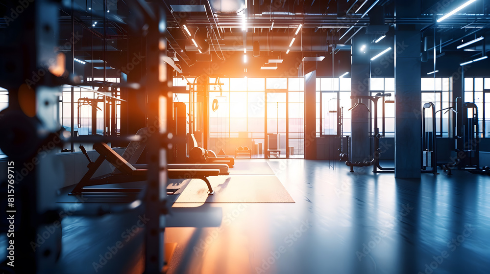 Poster gym interior and empty space or dark room with window and light flare for exercise training and fitn