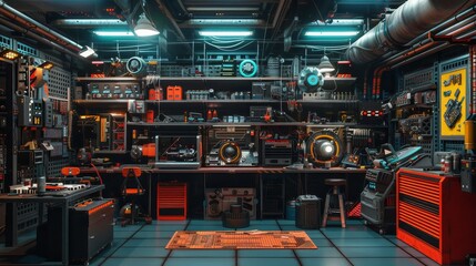 Photorealism 3D illustrate of an advanced model building workshop, focusing on the use of vacuum forming and jig assembly, set in a hightech, cyberpunk workshop environment