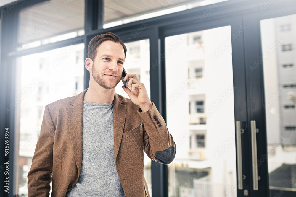 Aufkleber phone call, thinking and businessman in office with contact communication, feedback and b2b client n