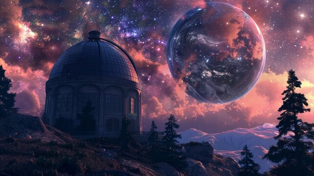 Realism digital painting of a celestial observatory where observers witness the glorification of the universe