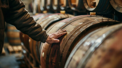 A man is inspecting the barrels in a traditional wine cellar, running his hands over the wood as he examines them closely